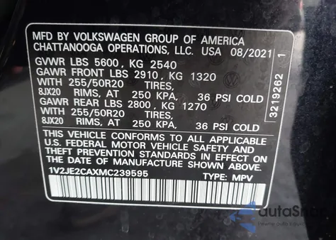 2021 Volkswagen Atlas Cross Sport 3.6L V6 Se W/Technology z USA, uszkodzony, nr VIN 1V2JE2CAXMC239595